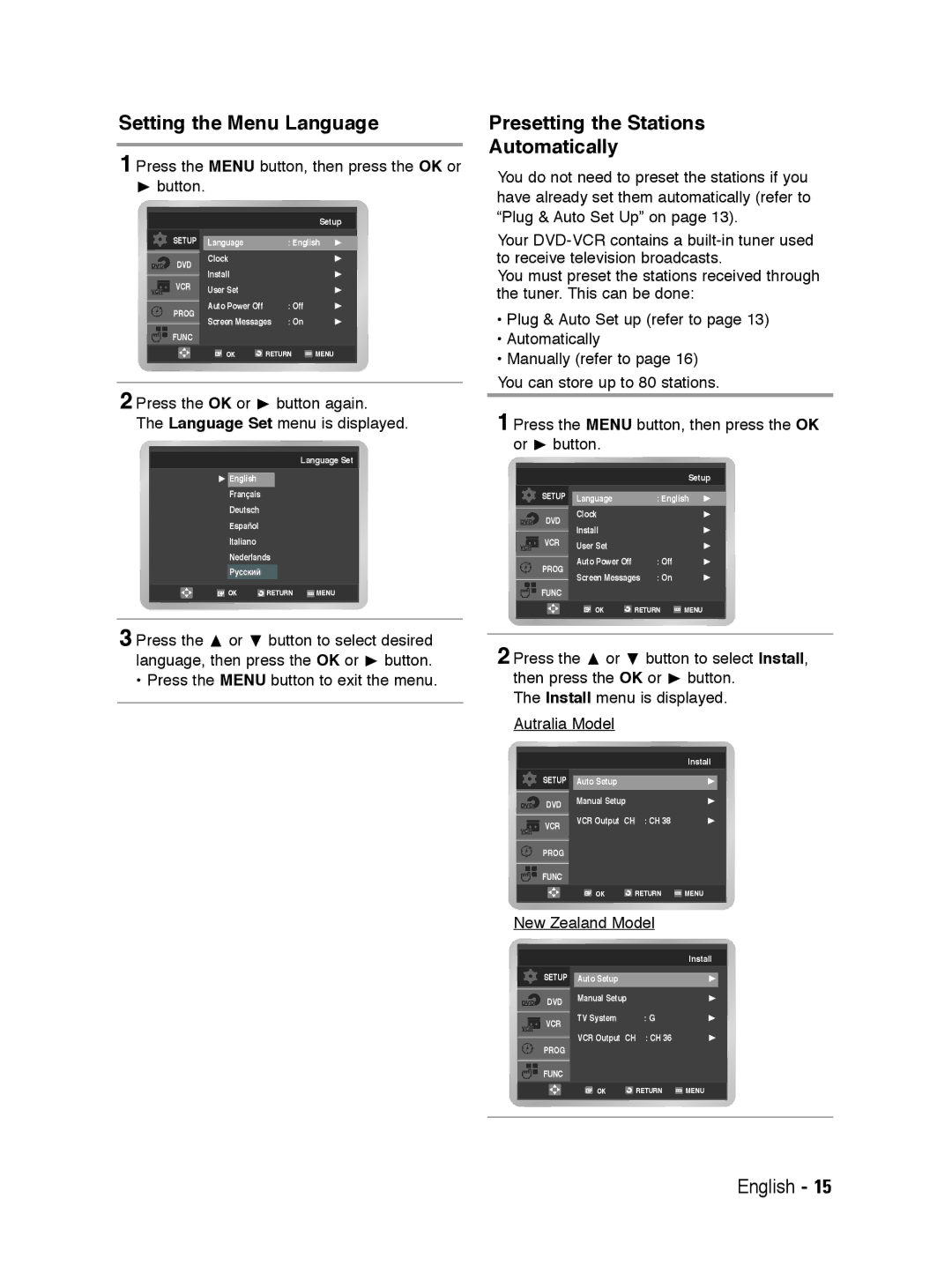 Samsung V6700 user manual Setting the Menu Language, Presetting the Stations Automatically, Press, New Zealand Model 