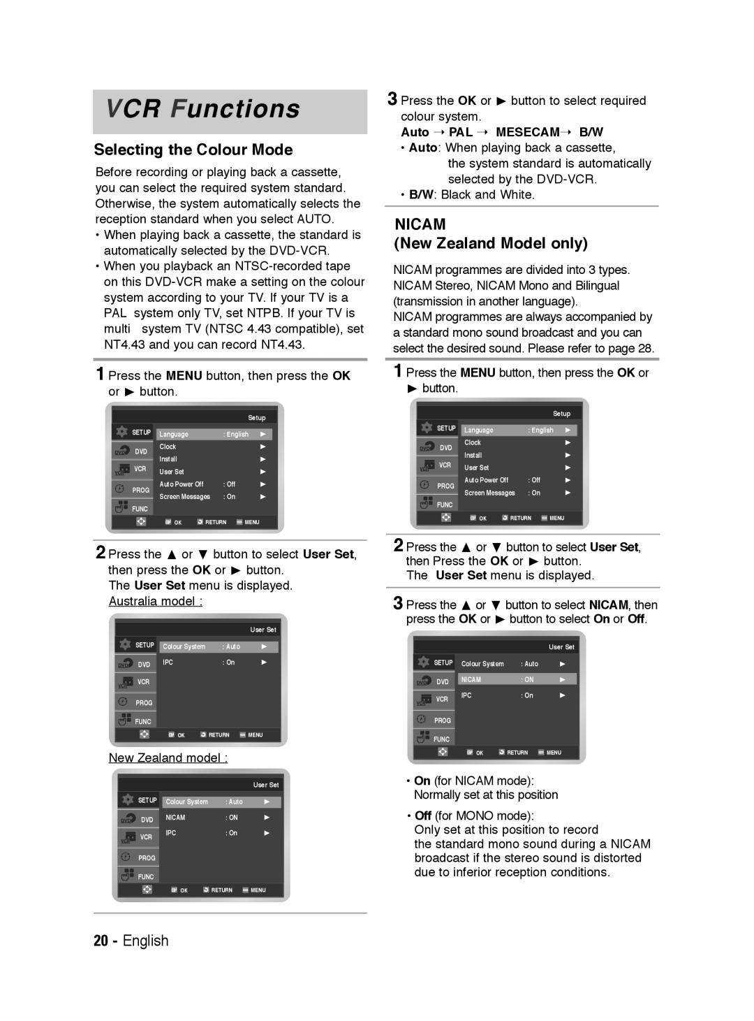 Samsung V6700 Selecting the Colour Mode, New Zealand Model only, Press the OK or button to select required colour system 