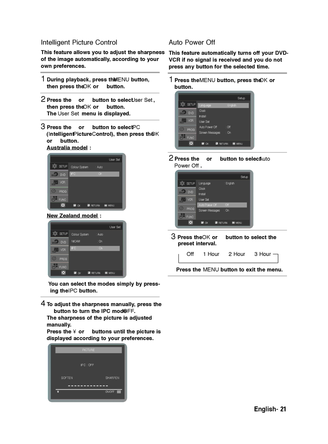 Samsung V6700 user manual Intelligent Picture Control, Press the or button to select Auto Power Off, Preset interval 