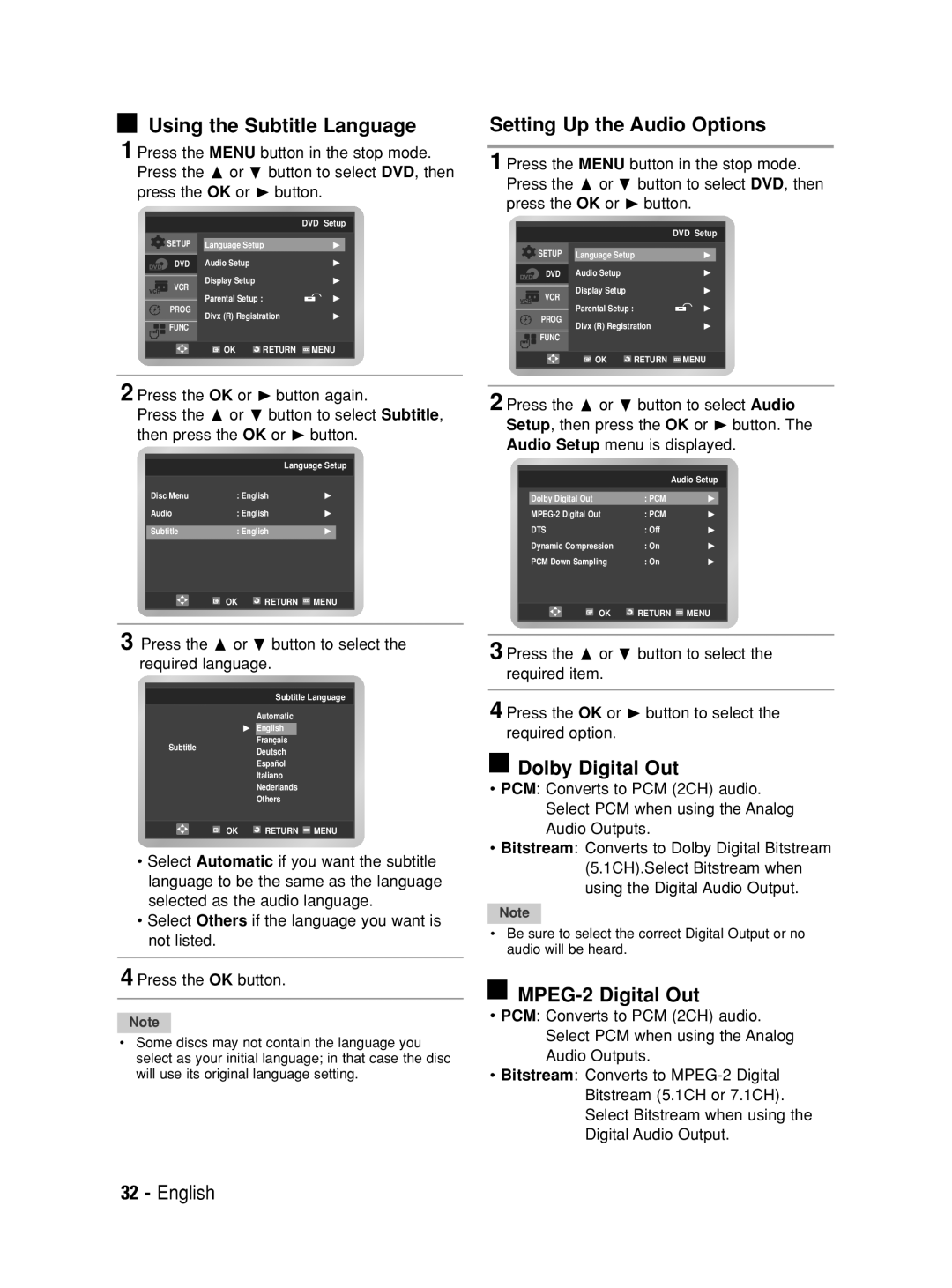 Samsung V6700 user manual Using the Subtitle Language, Setting Up the Audio Options, Dolby Digital Out, MPEG-2 Digital Out 