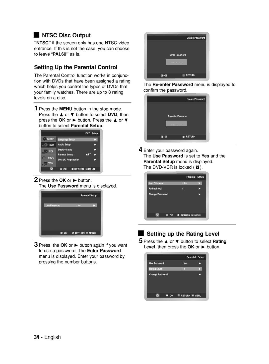 Samsung V6700 user manual Ntsc Disc Output, Setting Up the Parental Control, Setting up the Rating Level 