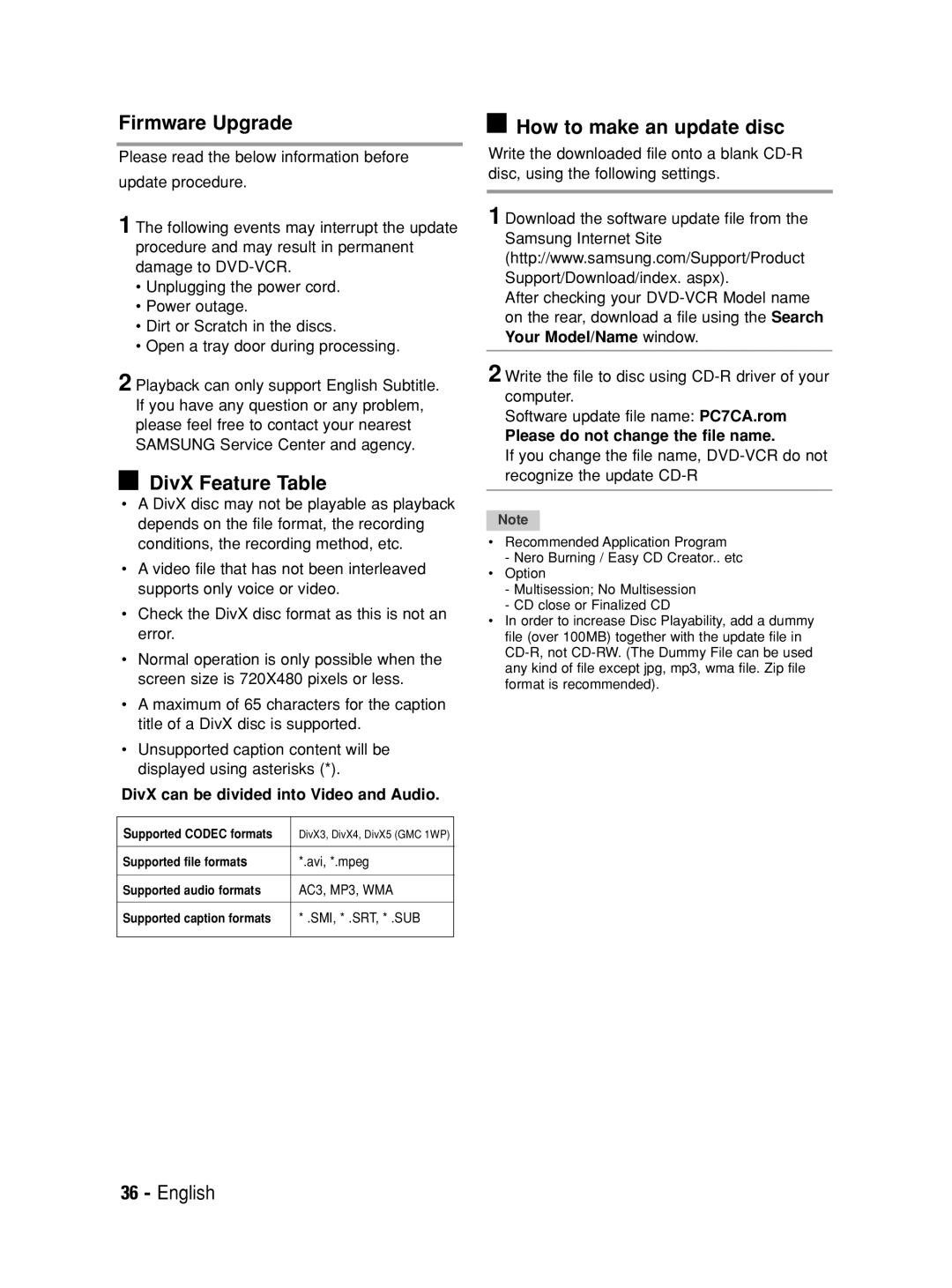 Samsung V6700 Firmware Upgrade, DivX Feature Table, How to make an update disc, DivX can be divided into Video and Audio 