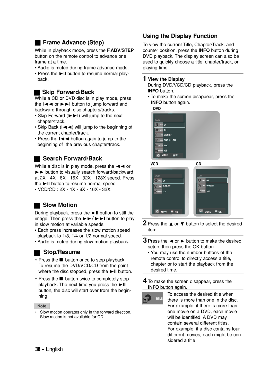 Samsung V6700 user manual Frame Advance Step, Skip Forward/Back, Search Forward/Back, Slow Motion, Stop/Resume 