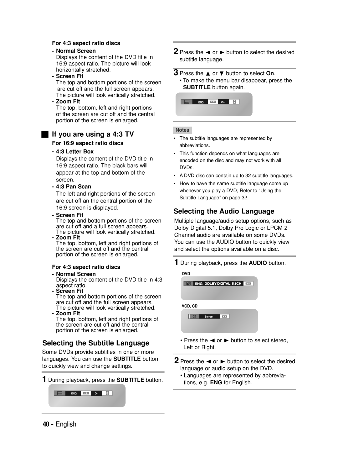 Samsung V6700 user manual If you are using a 43 TV, Selecting the Subtitle Language, Selecting the Audio Language 