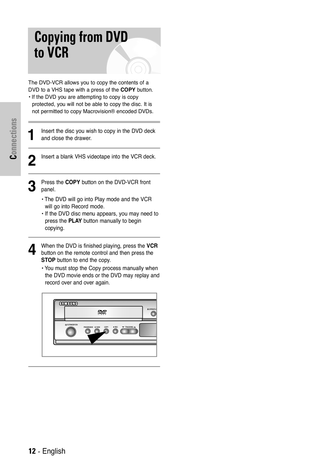 Samsung V7000K, V6500K user manual Copying from DVD to VCR 