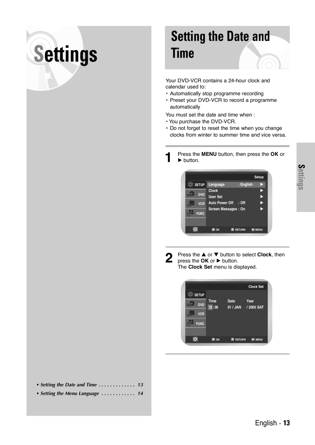 Samsung V6500K, V7000K user manual Setting the Date and Time, Settings 