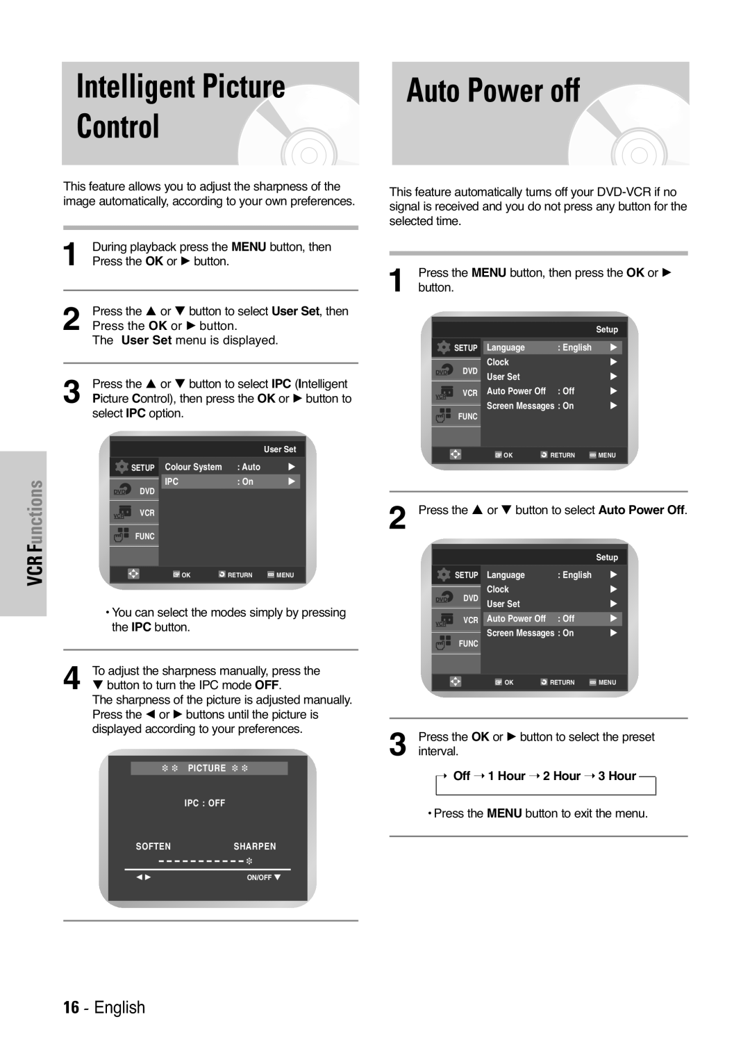 Samsung V7000K, V6500K user manual Intelligent Picture, Control, Auto Power off, Off 1 Hour 2 Hour 3 Hour 