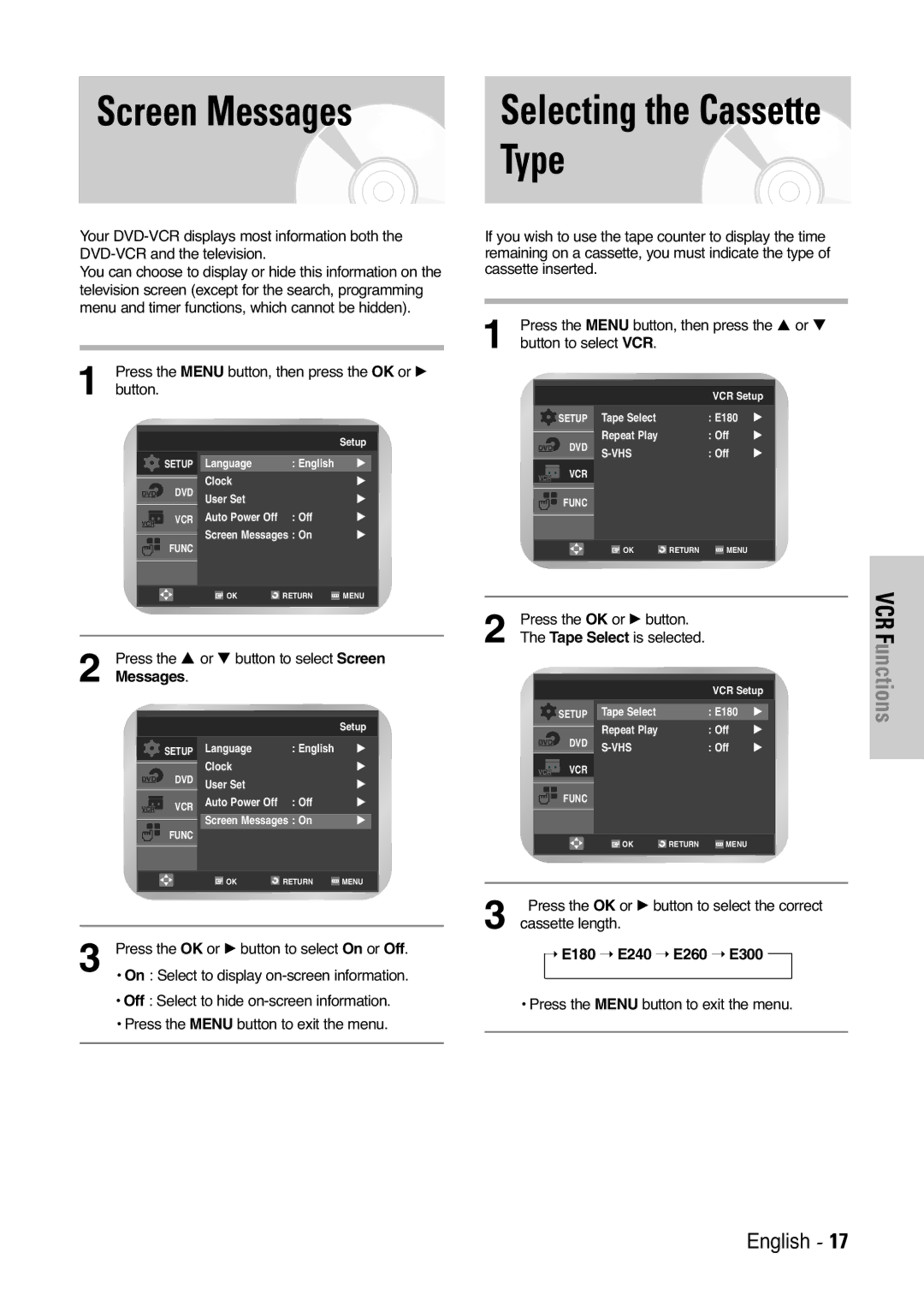 Samsung V6500K, V7000K user manual Screen Messages, Type, Press the … or † button to select Screen, E180 E240 E260 E300 