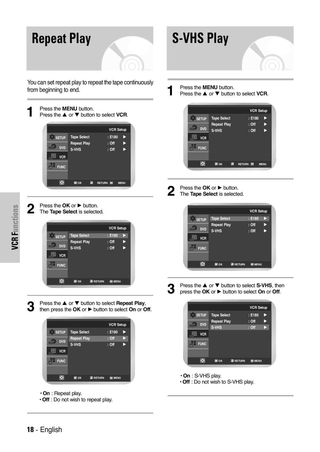 Samsung V7000K, V6500K user manual Repeat Play, VHS Play, Press the Menu button, Press the … or † button to select VCR 