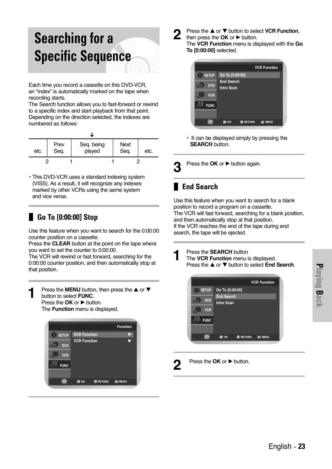 Samsung V6500K, V7000K user manual Searching for a Specific Sequence, Go To 00000 Stop, End Search 