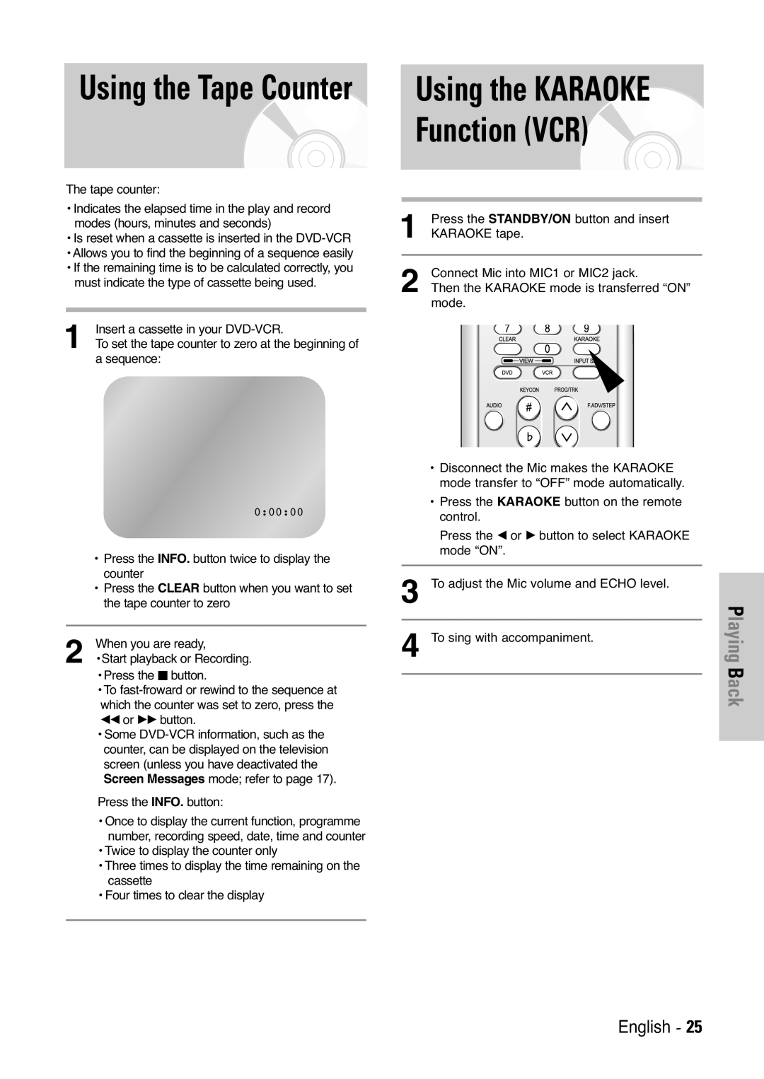 Samsung V6500K, V7000K user manual Using the Karaoke Function VCR 