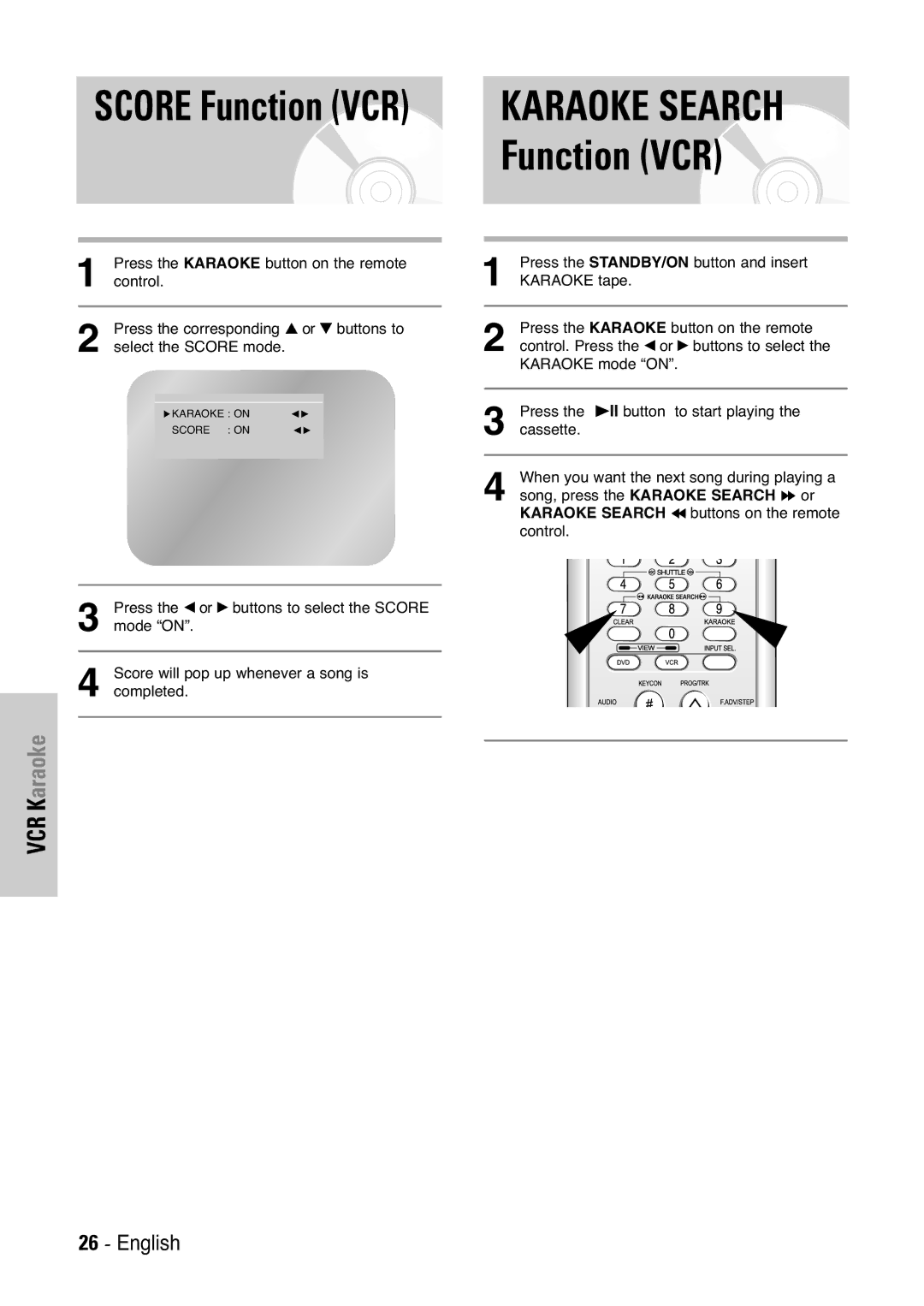 Samsung V7000K, V6500K user manual Score Function VCR, VCR Karaoke 