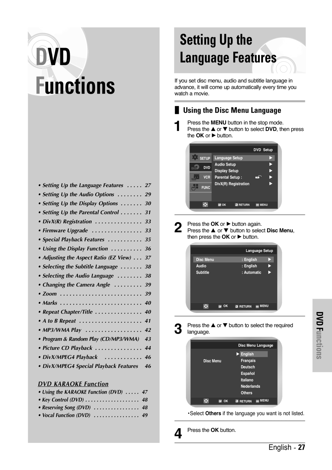 Samsung V6500K, V7000K user manual Setting Up Language Features, DVD Functions, Using the Disc Menu Language 