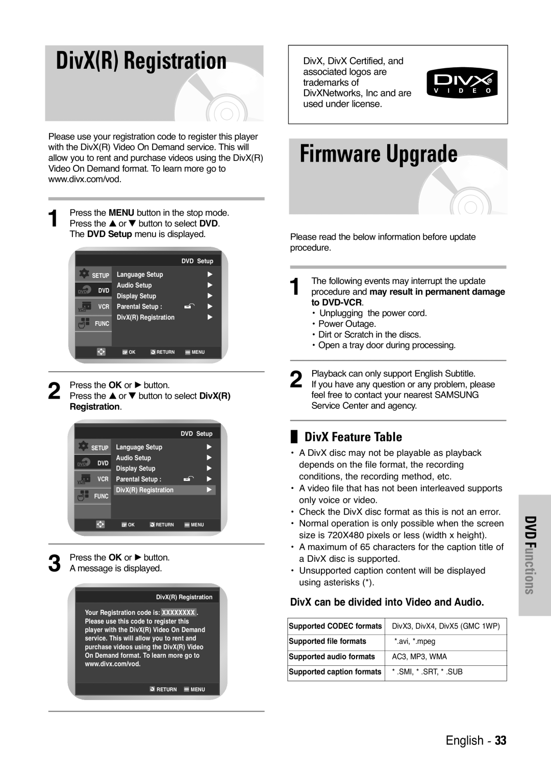 Samsung V6500K, V7000K user manual DivXR Registration, Firmware Upgrade, DivX Feature Table, To DVD-VCR 