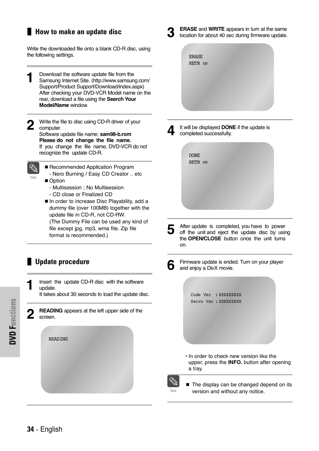 Samsung V7000K, V6500K user manual How to make an update disc, Update procedure, Please do not change the file name 