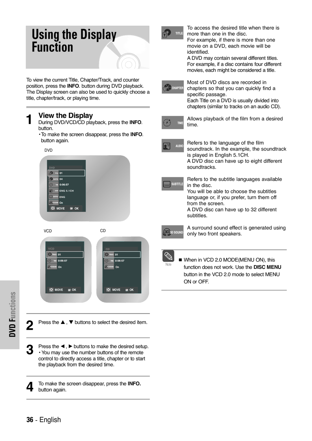 Samsung V7000K, V6500K Function does not work. Use the Disc Menu, Button in the VCD 2.0 mode to select Menu, On or OFF 