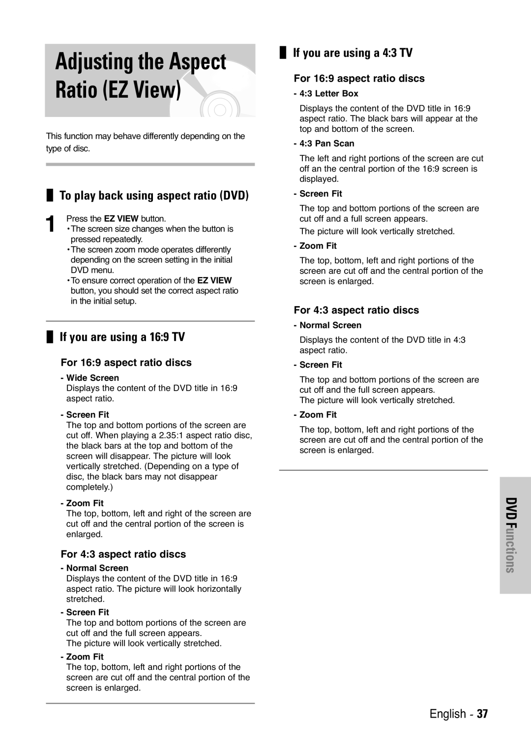 Samsung V6500K, V7000K user manual Adjusting the Aspect Ratio EZ View, If you are using a 169 TV, If you are using a 43 TV 