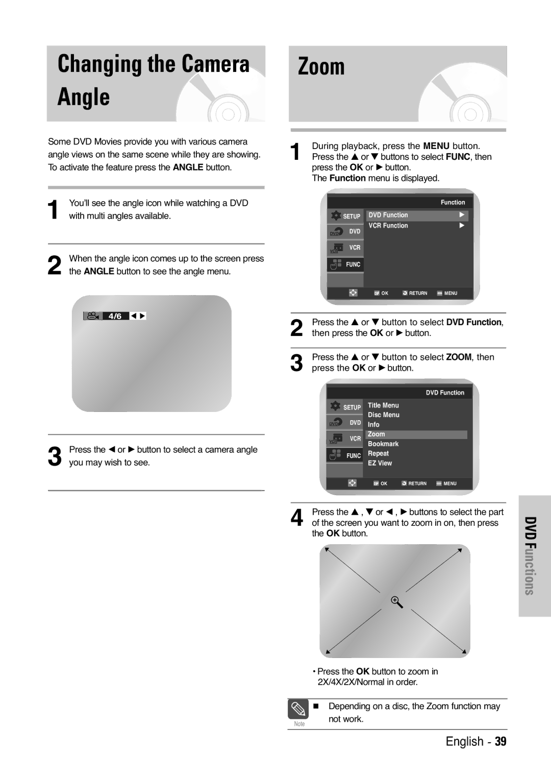 Samsung V6500K, V7000K user manual Changing the Camera Angle, Zoom, Functions 