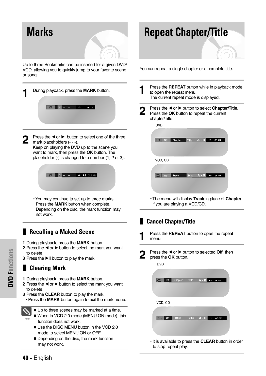 Samsung V7000K, V6500K user manual Marks, Recalling a Maked Scene, Clearing Mark, Cancel Chapter/Title 