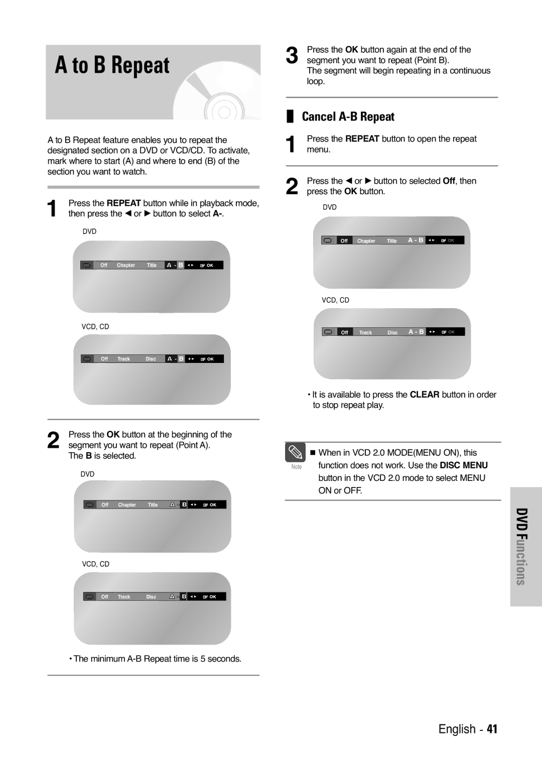 Samsung V6500K, V7000K user manual To B Repeat, Cancel A-B Repeat 