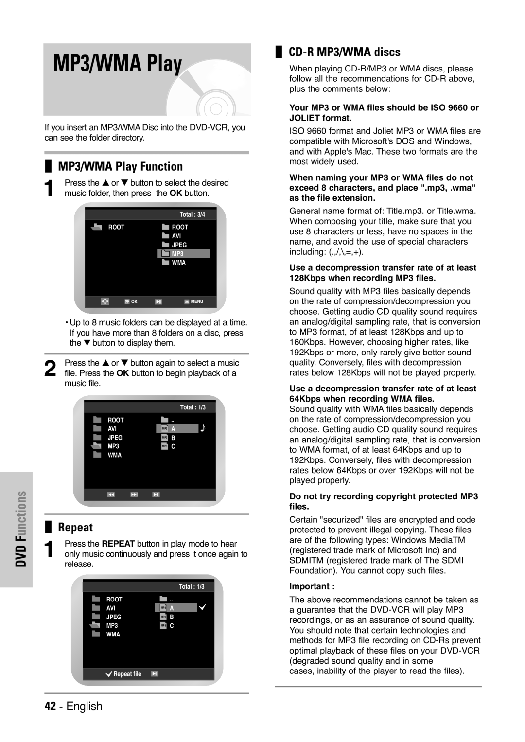 Samsung V7000K, V6500K user manual Unctions, MP3/WMA Play Function, CD-R MP3/WMA discs 