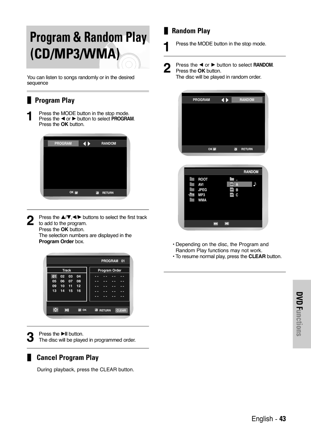 Samsung V6500K, V7000K user manual Cancel Program Play, Random Play 