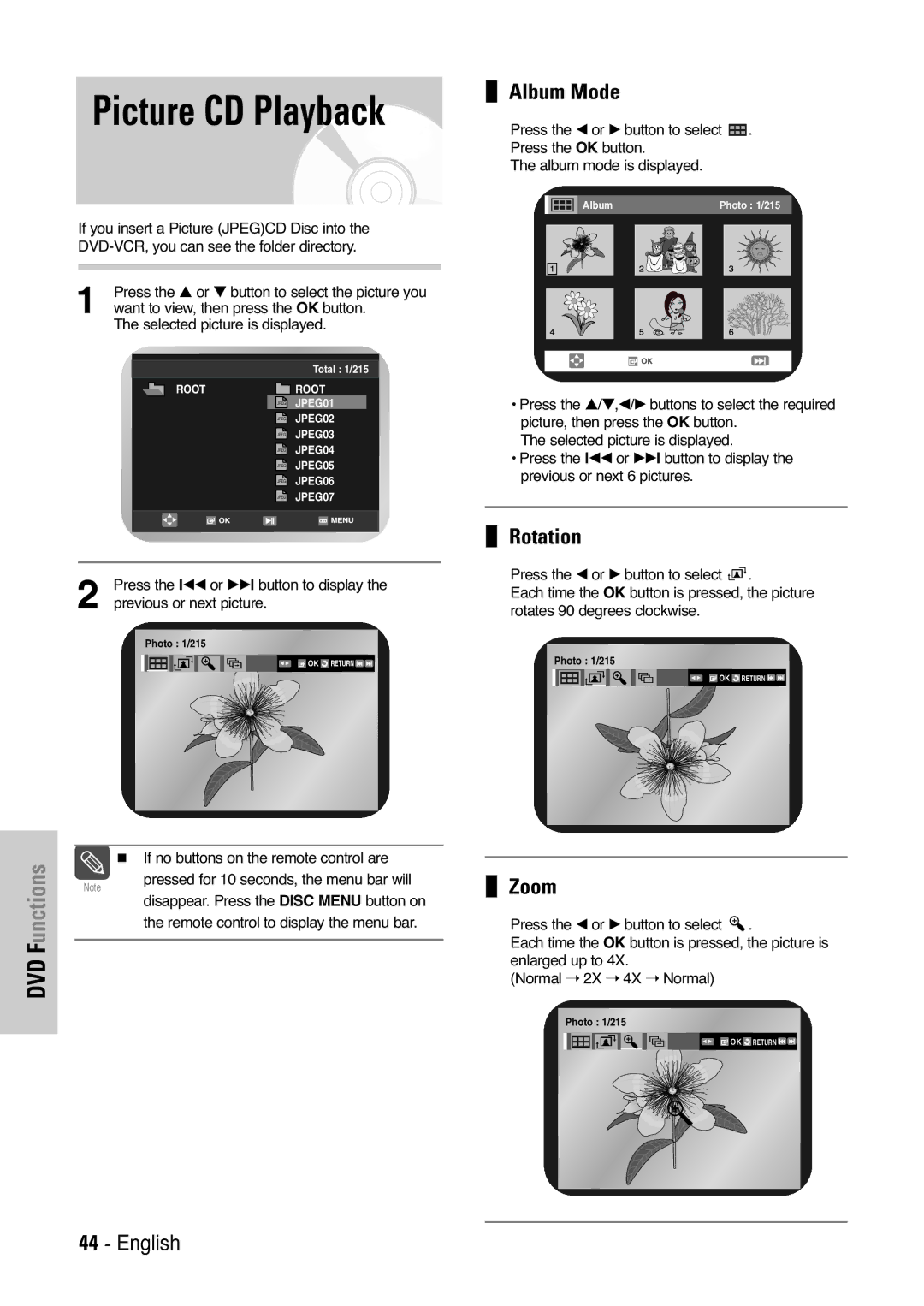 Samsung V7000K, V6500K user manual UnctionsFDVD, Album Mode, Rotation, Zoom 