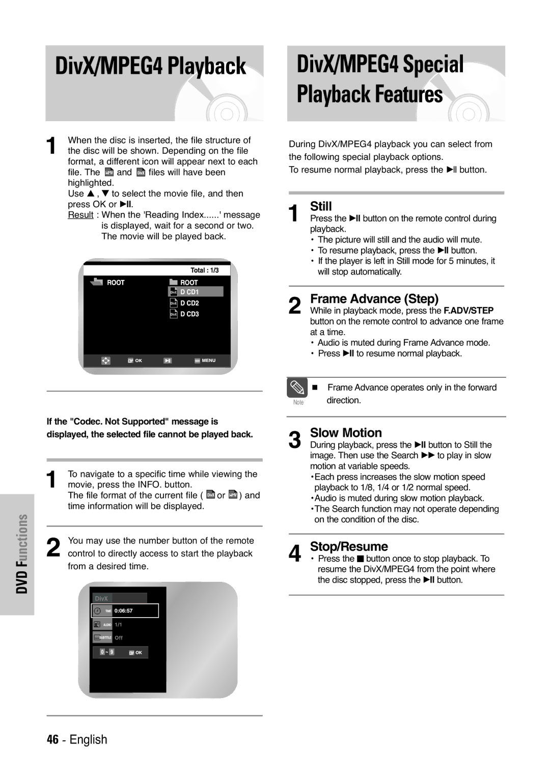 Samsung V7000K, V6500K user manual DivX/MPEG4 Special Playback Features 