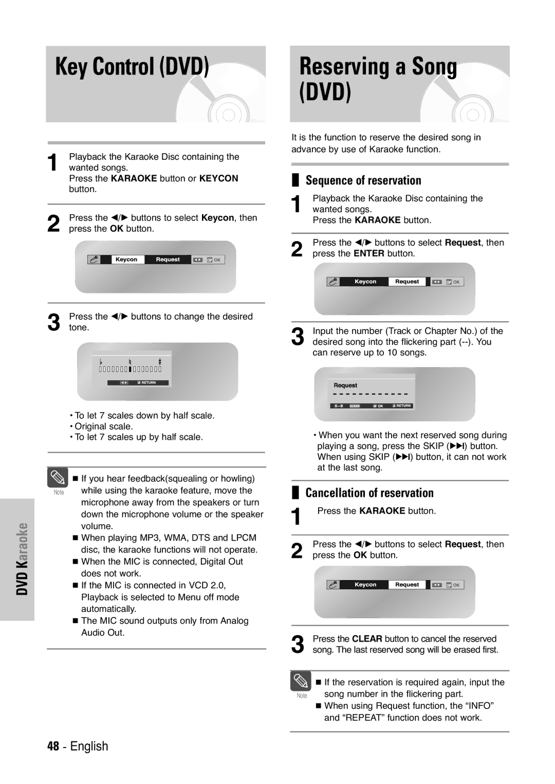 Samsung V7000K, V6500K user manual Reserving a Song, DVD Karaoke, Sequence of reservation, Cancellation of reservation 