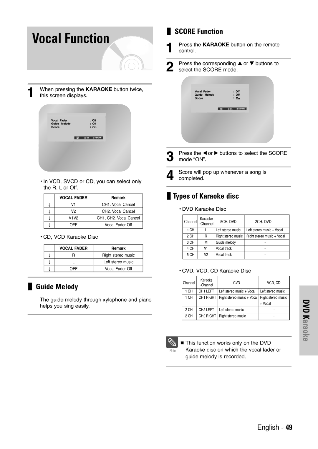 Samsung V6500K, V7000K user manual Vocal Function, Guide Melody, Score Function, Types of Karaoke disc 