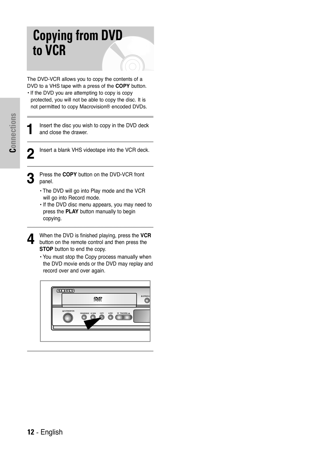 Samsung V7000K, V6500K user manual Copying from DVD to VCR, English, Connections 