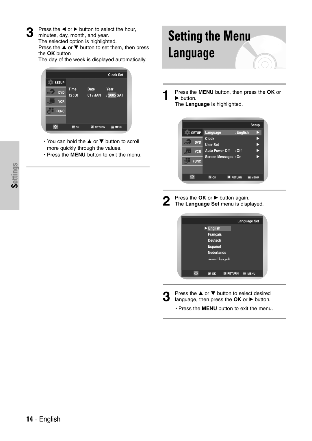 Samsung V7000K, V6500K user manual Setting the Menu Language, English, Settings 