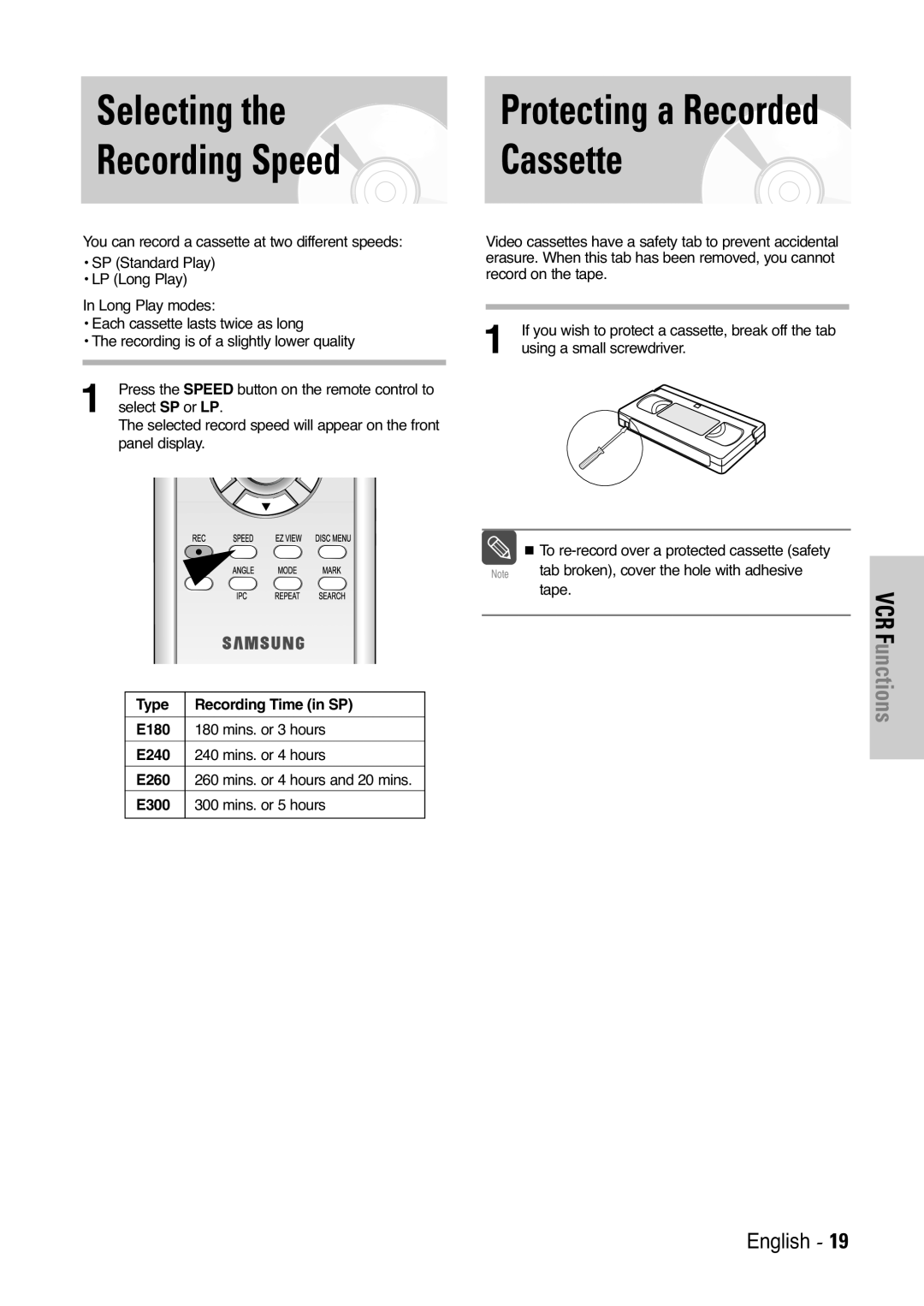 Samsung V6500K, V7000K user manual Selecting the Recording Speed, Cassette, Protecting a Recorded, VCR Functions, English 