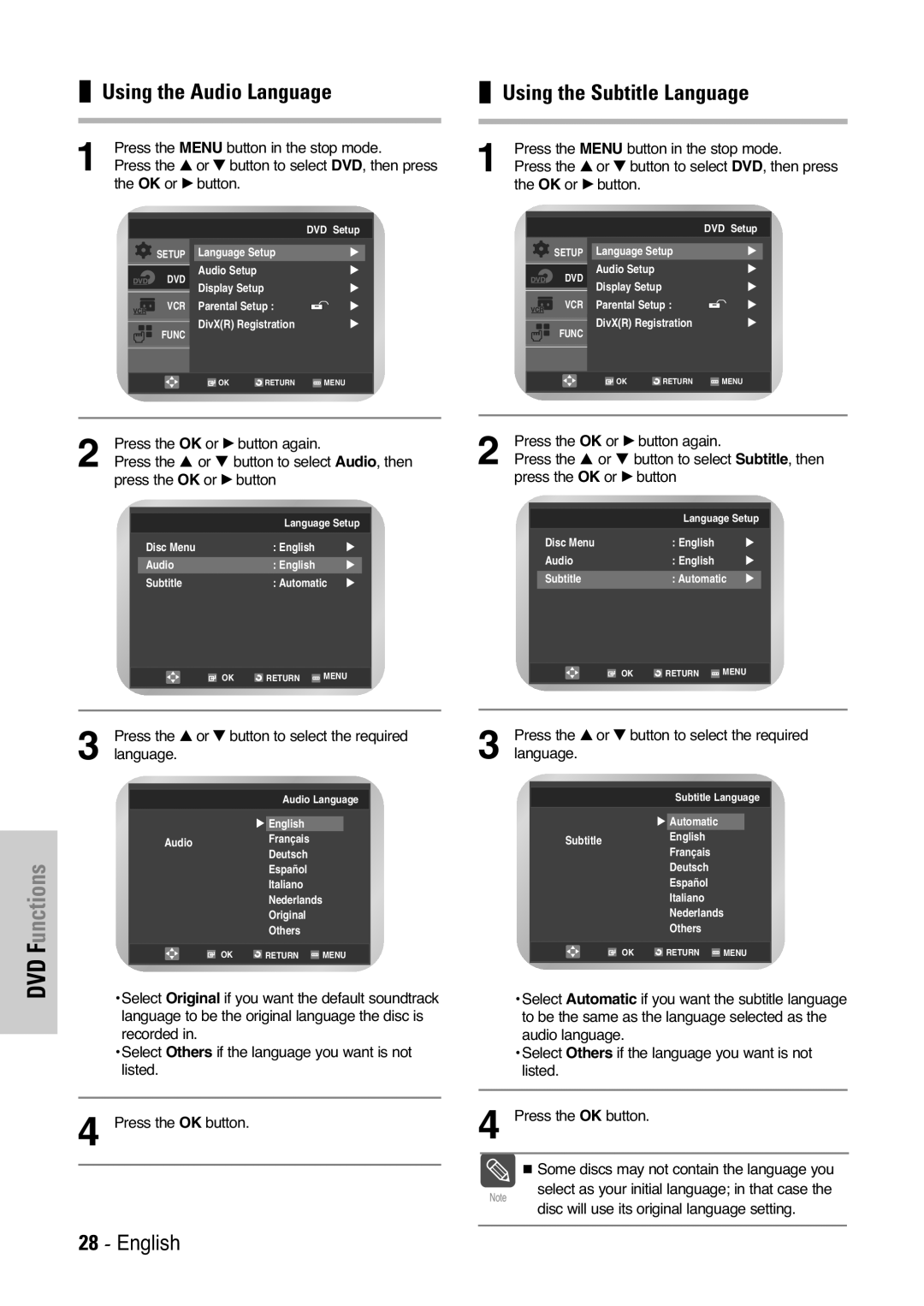Samsung V7000K, V6500K user manual Using the Audio Language, Using the Subtitle Language, English, DVD Functions 