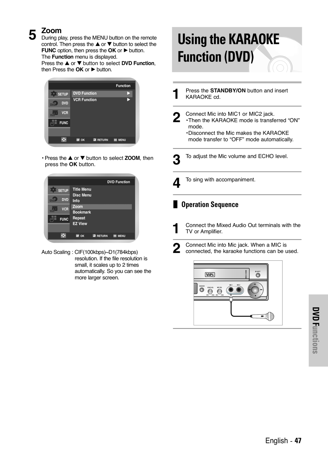 Samsung V6500K, V7000K user manual Using the KARAOKE Function DVD, Zoom, DVD Functions, English 