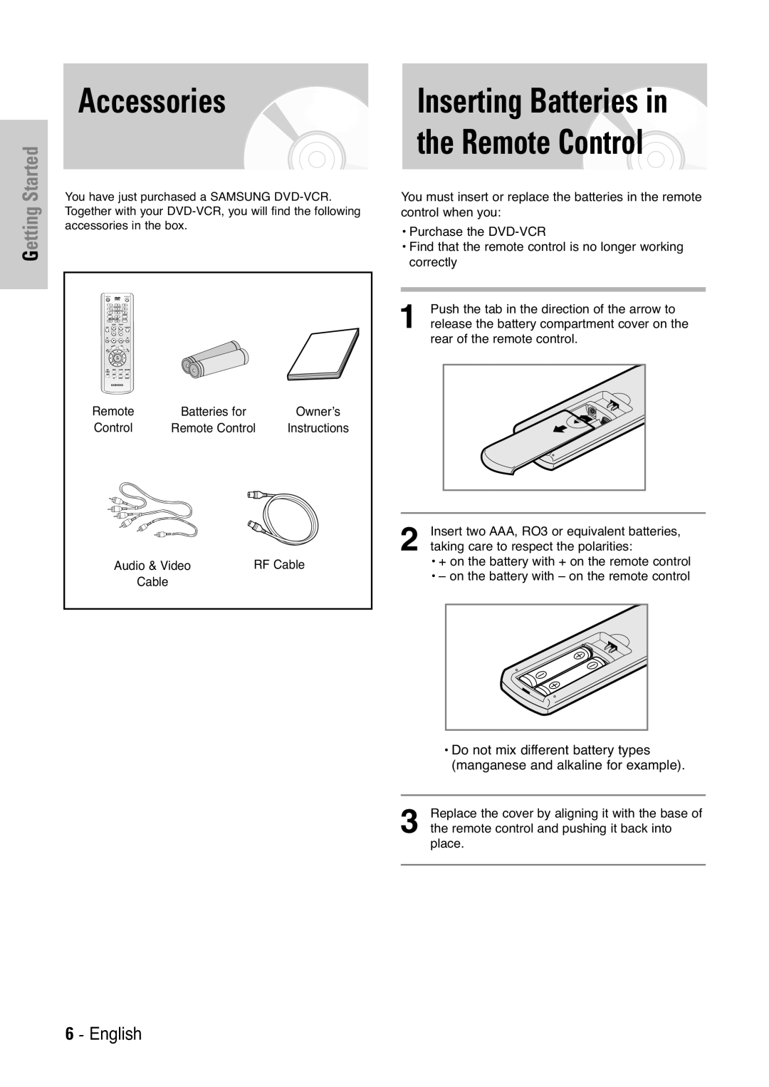 Samsung V7000K, V6500K user manual Accessories, Inserting Batteries in the Remote Control, English, Getting Started 