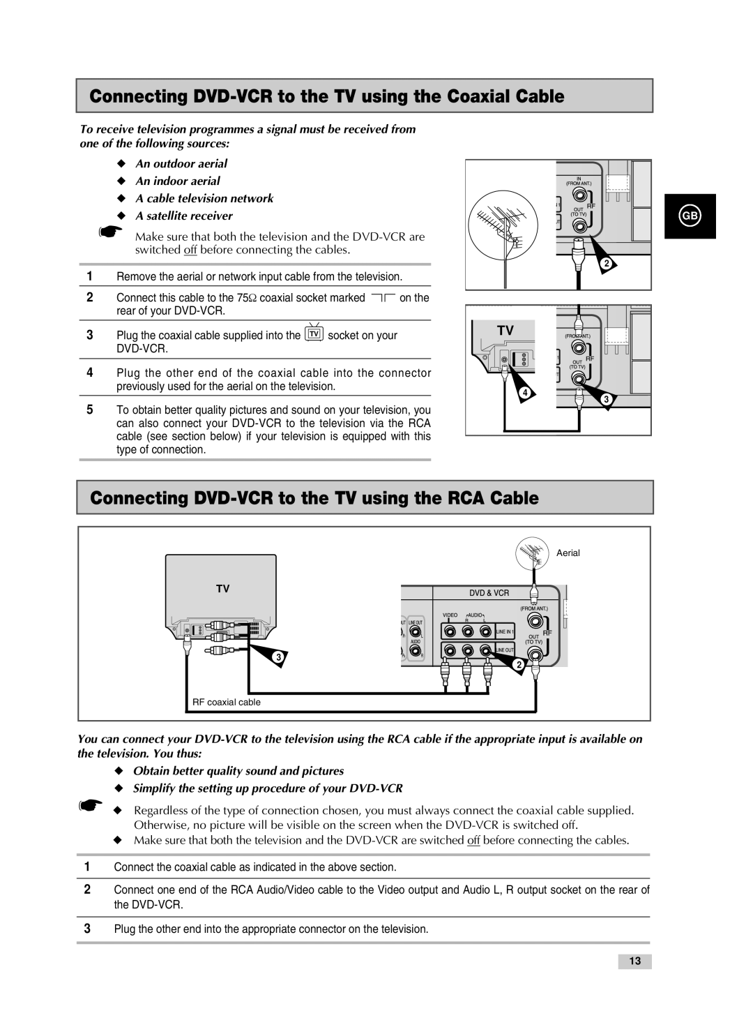 Samsung V70, V85 Connecting DVD-VCR to the TV using the Coaxial Cable, Connecting DVD-VCR to the TV using the RCA Cable 