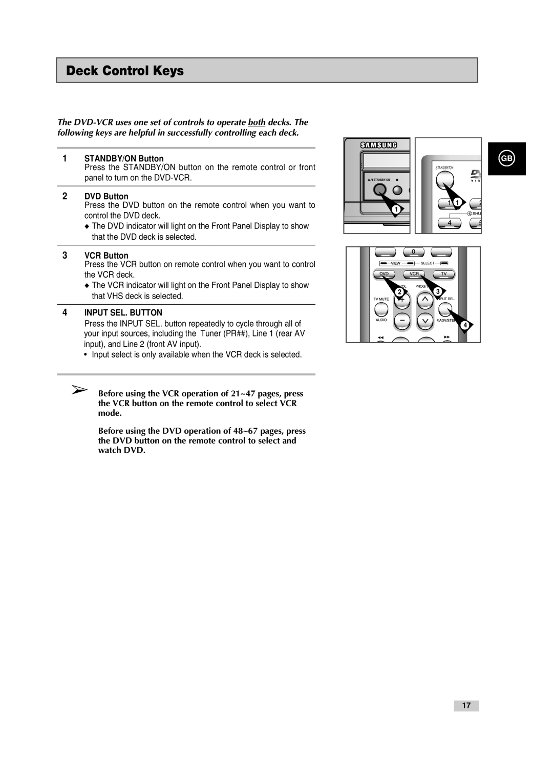 Samsung V80, V85, V70 instruction manual Deck Control Keys, STANDBY/ON Button, DVD Button, VCR Button 