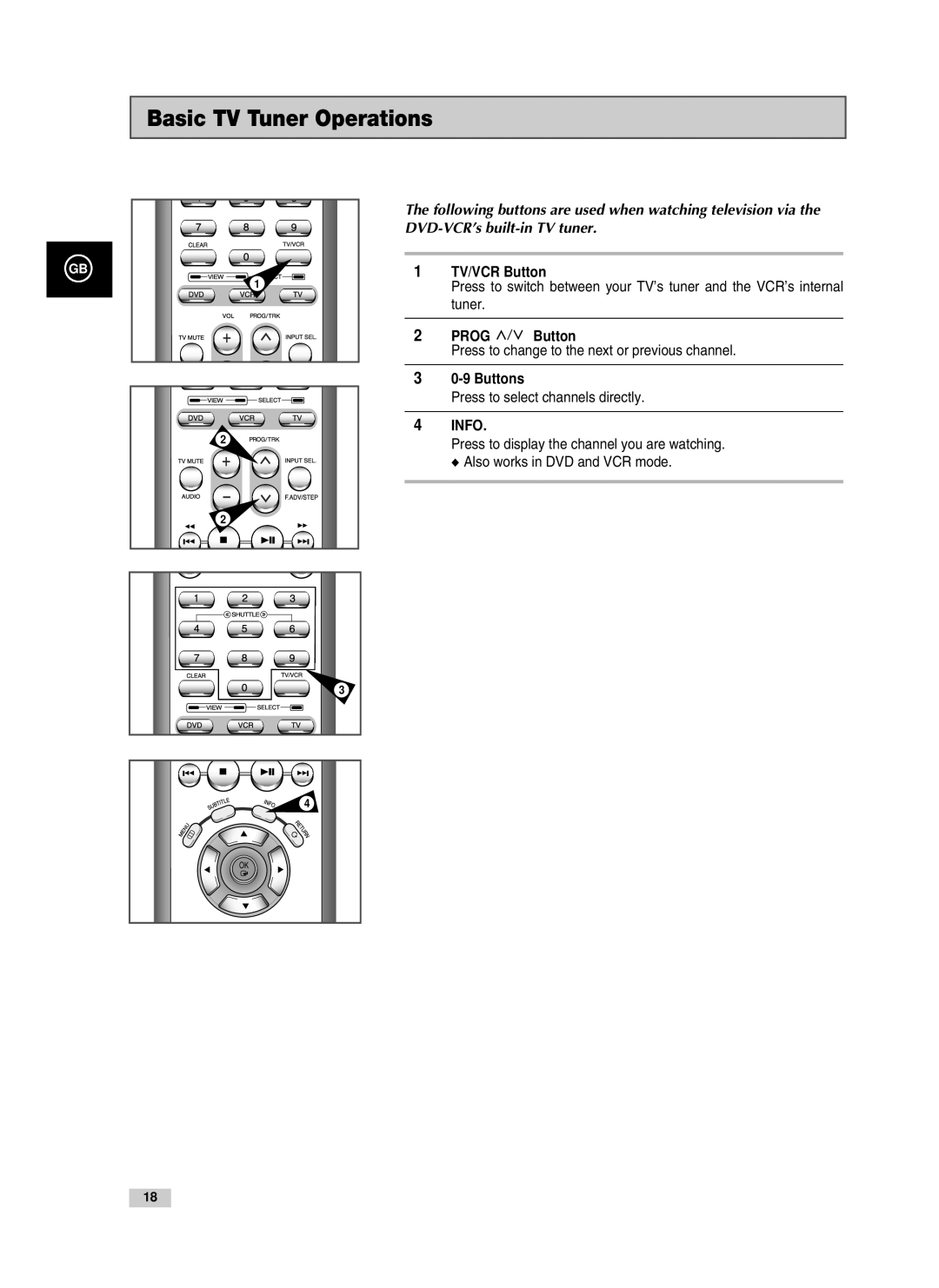 Samsung V85, V70, V80 instruction manual Basic TV Tuner Operations, TV/VCR Button, Prog Button, Buttons 