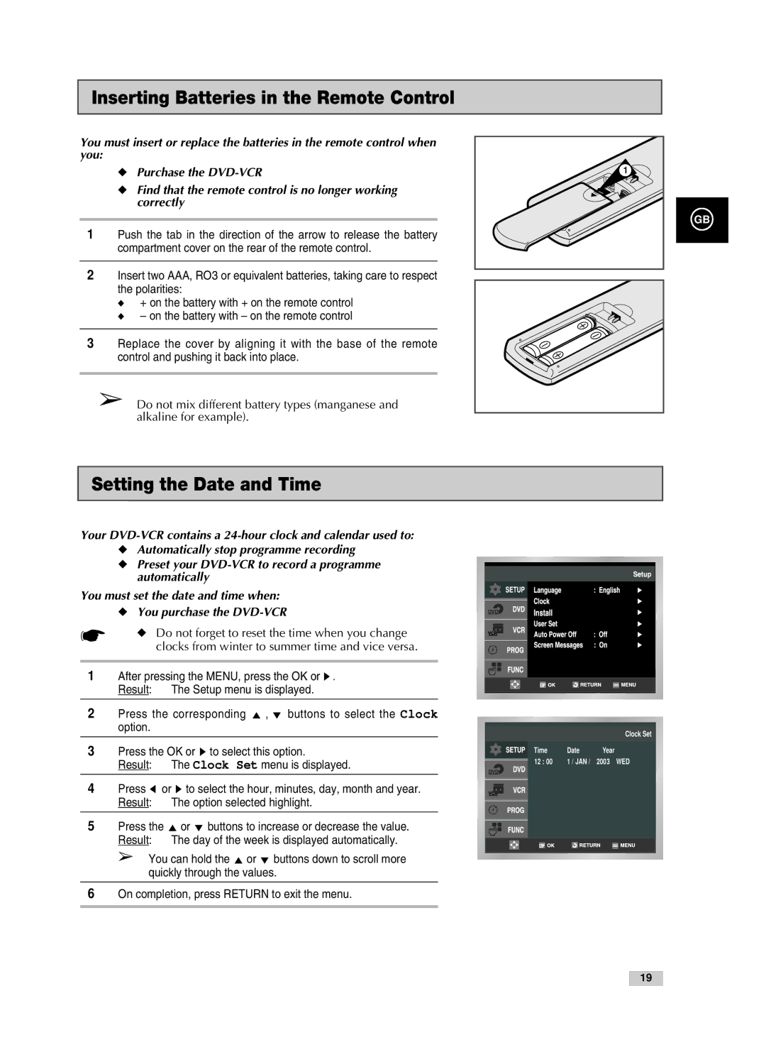 Samsung V70 Inserting Batteries in the Remote Control, Setting the Date and Time, After pressing the MENU, press the OK or 