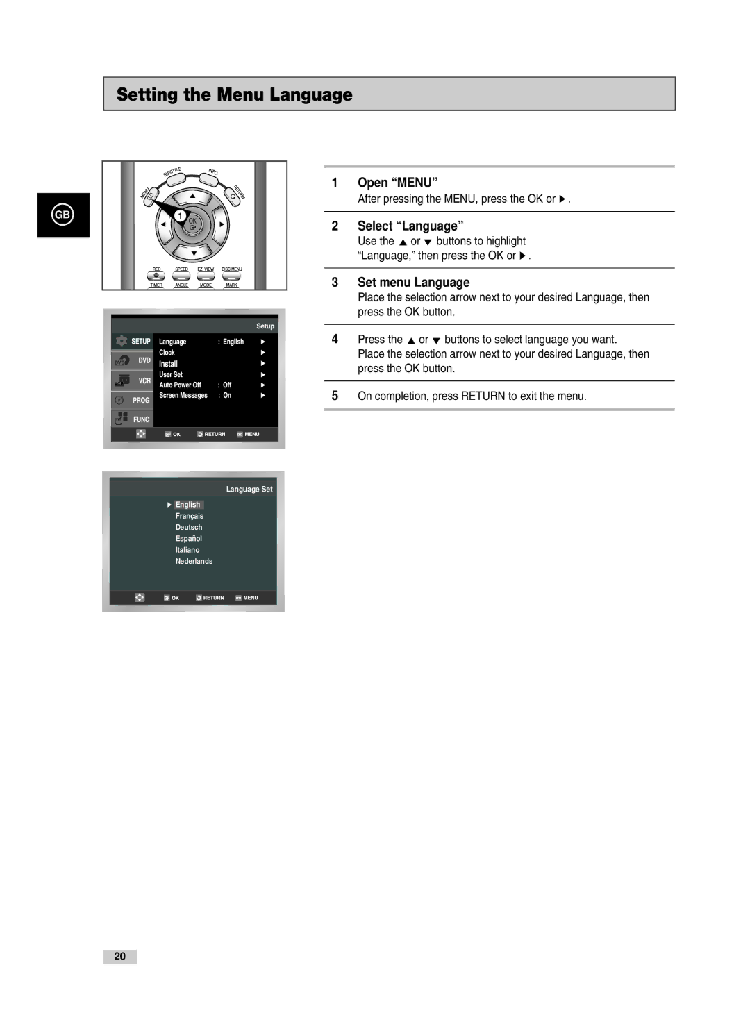 Samsung V80, V85, V70 instruction manual Setting the Menu Language, Open Menu, Select Language, Set menu Language 