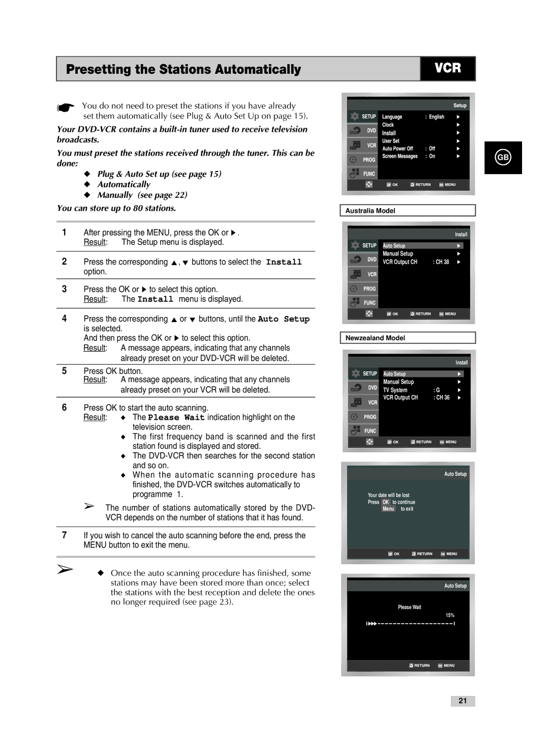 Samsung V85, V70, V80 Presetting the Stations Automatically, Result Setup menu is displayed, Buttons to select the Install 