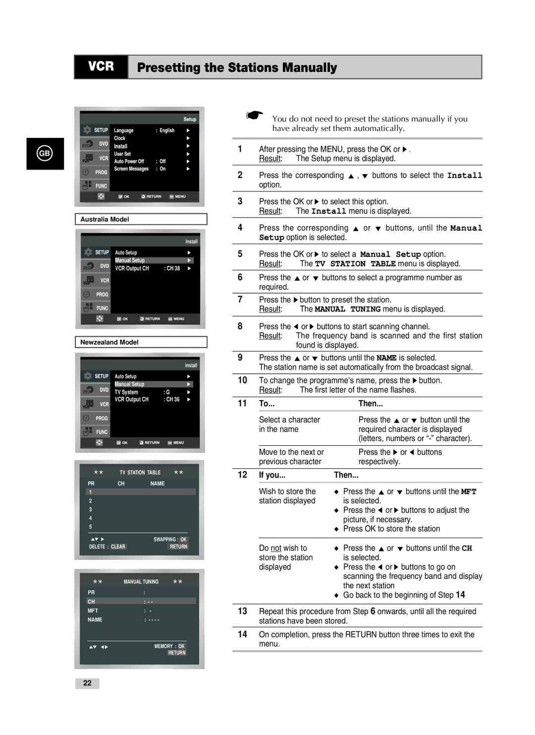 Samsung V70, V85, V80 instruction manual Presetting the Stations Manually, If you Then 