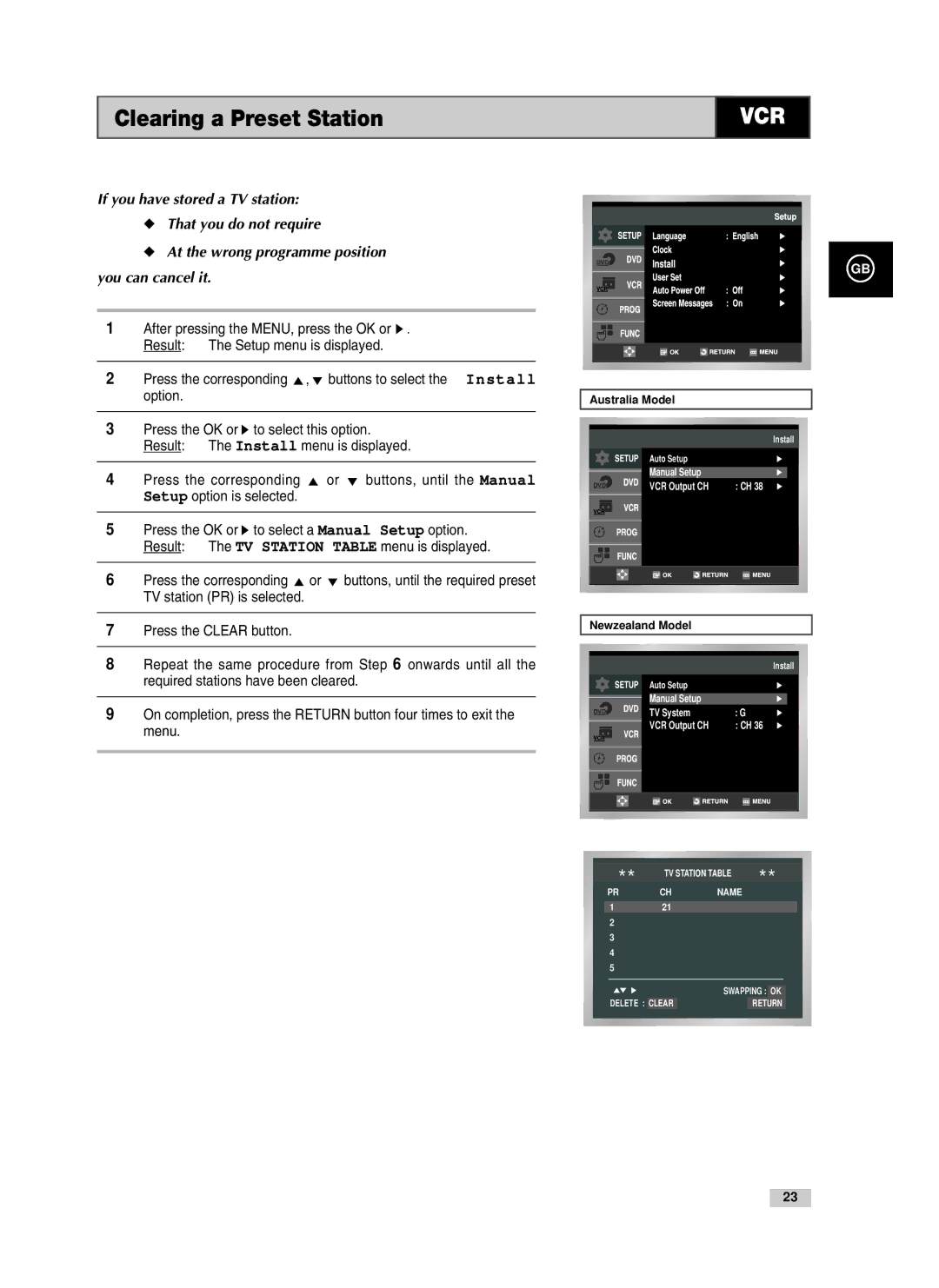 Samsung V80, V85, V70 instruction manual Clearing a Preset Station, Buttons, until the Manual 