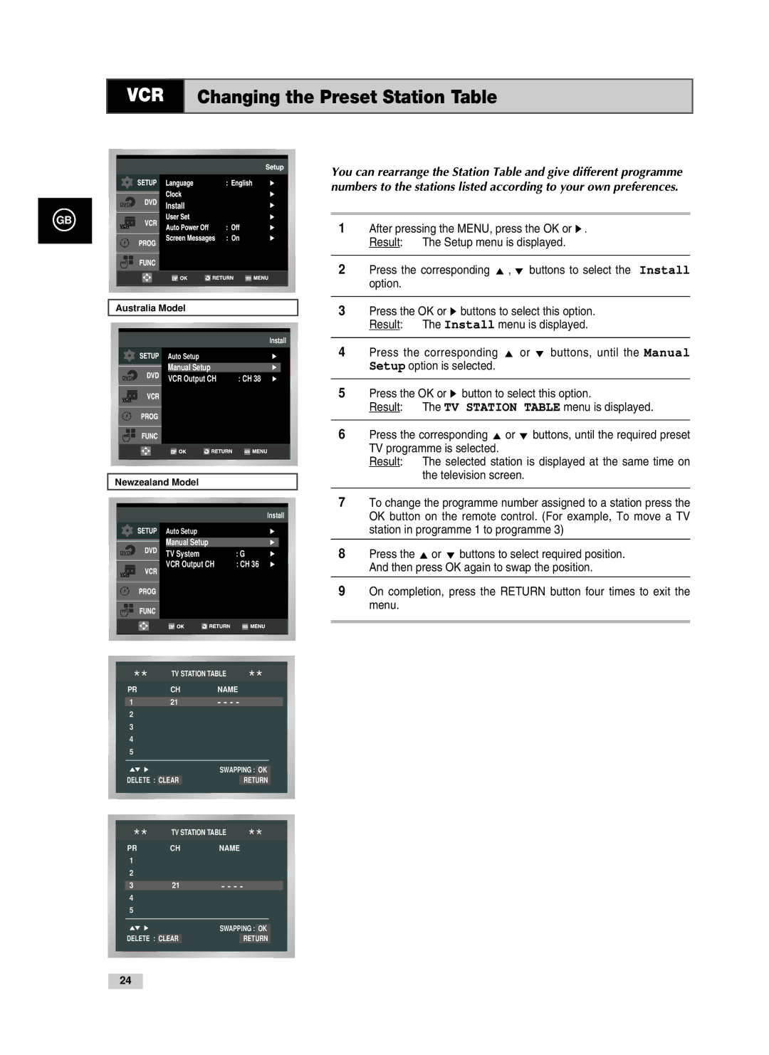 Samsung V85, V70, V80 instruction manual Changing the Preset Station Table 