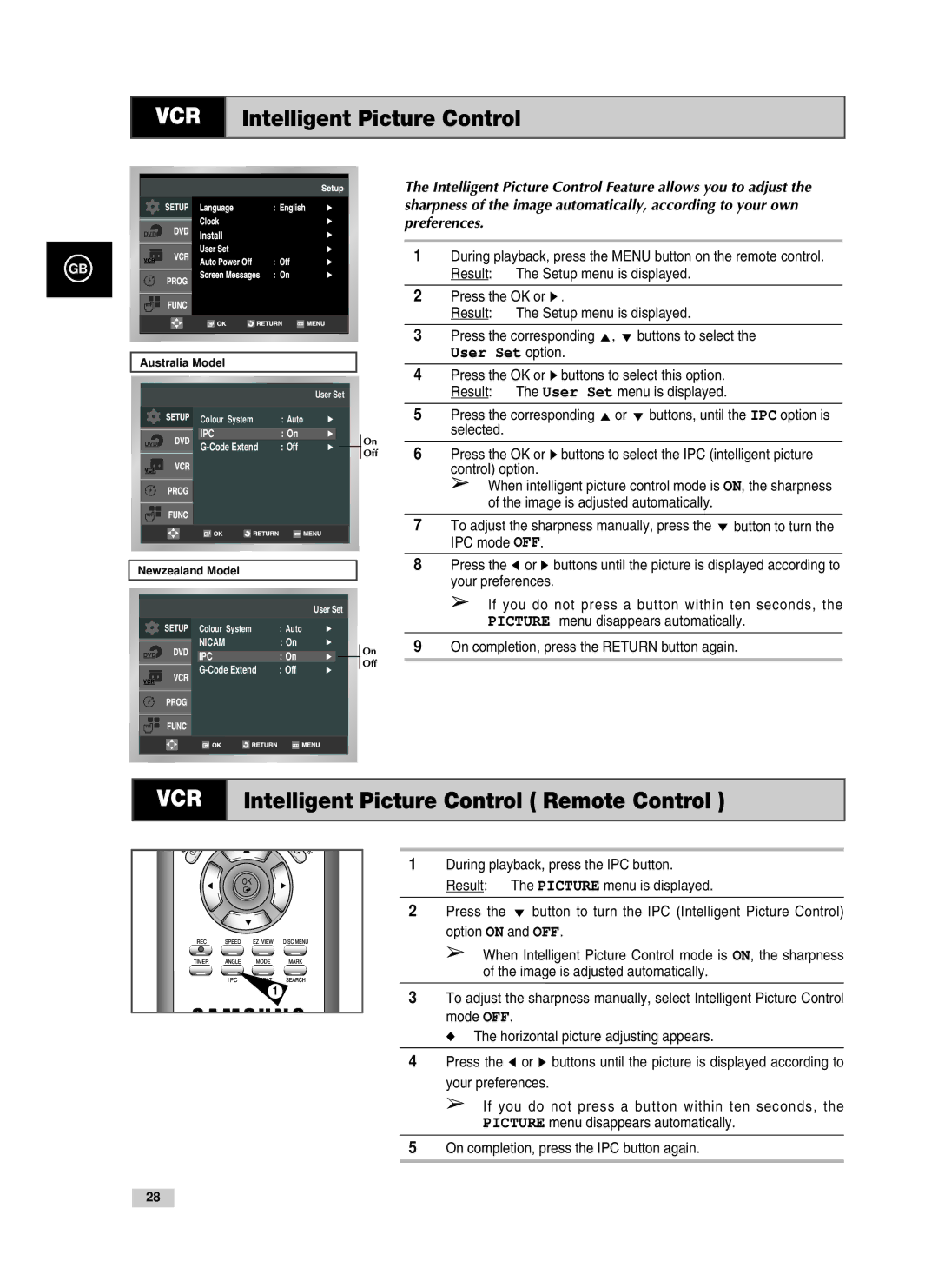 Samsung V70, V85, V80 instruction manual Intelligent Picture Control Remote Control 