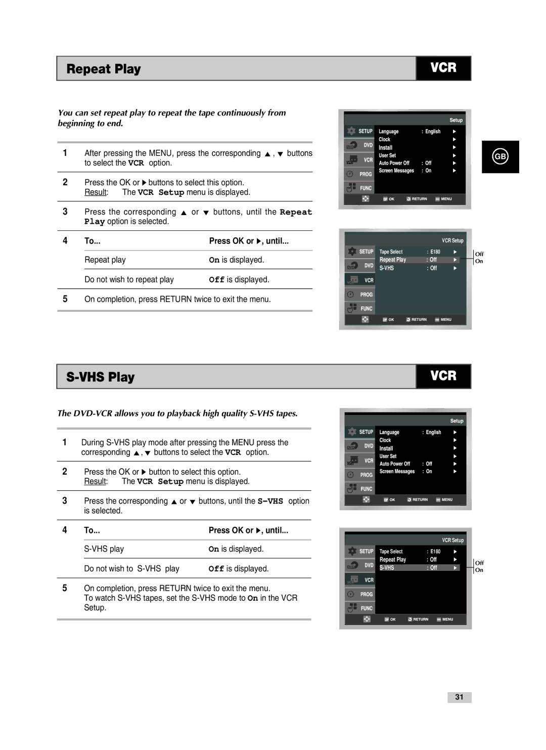 Samsung V70, V85, V80 instruction manual Repeat Play, VHS Play, DVD-VCR allows you to playback high quality S-VHS tapes 