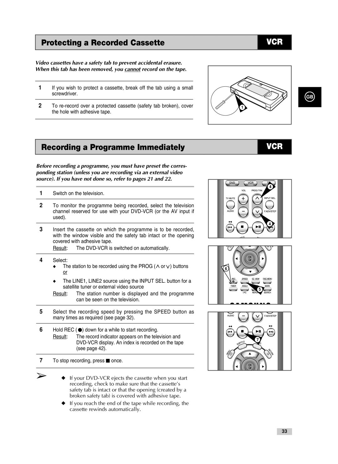 Samsung V85, V70, V80 instruction manual Protecting a Recorded Cassette, Recording a Programme Immediately 