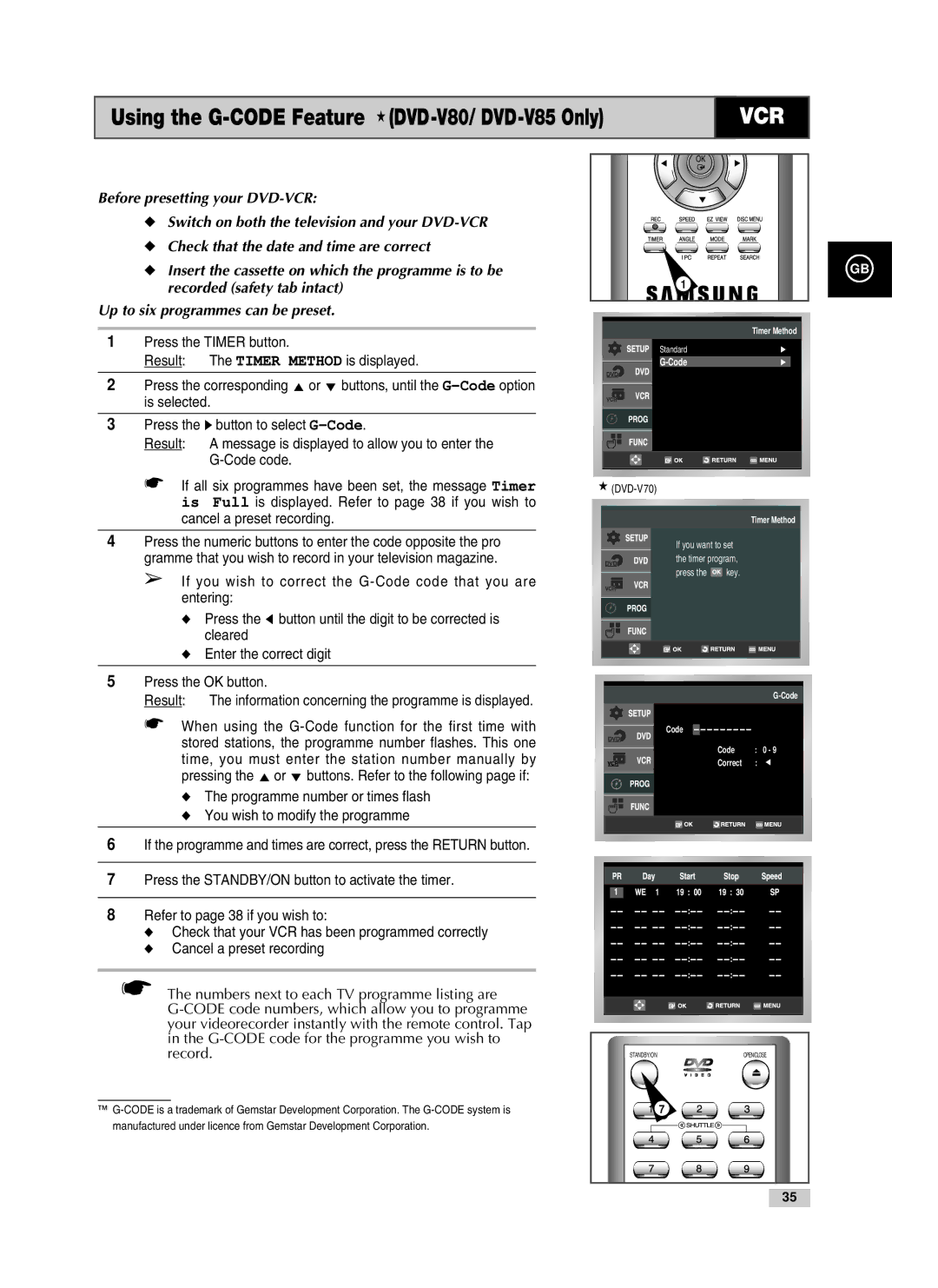 Samsung Using the G-CODE Feature DVD-V80/ DVD-V85 Only, Press the Timer button Result The Timer Method is displayed 