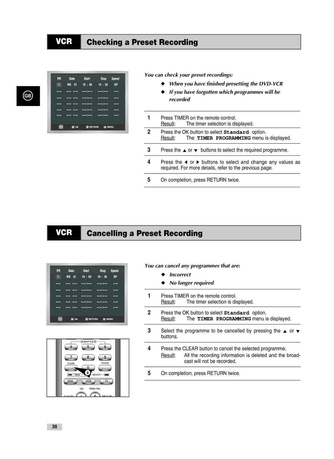 Samsung V80 Checking a Preset Recording, Cancelling a Preset Recording, You can check your preset recordings, Recorded 